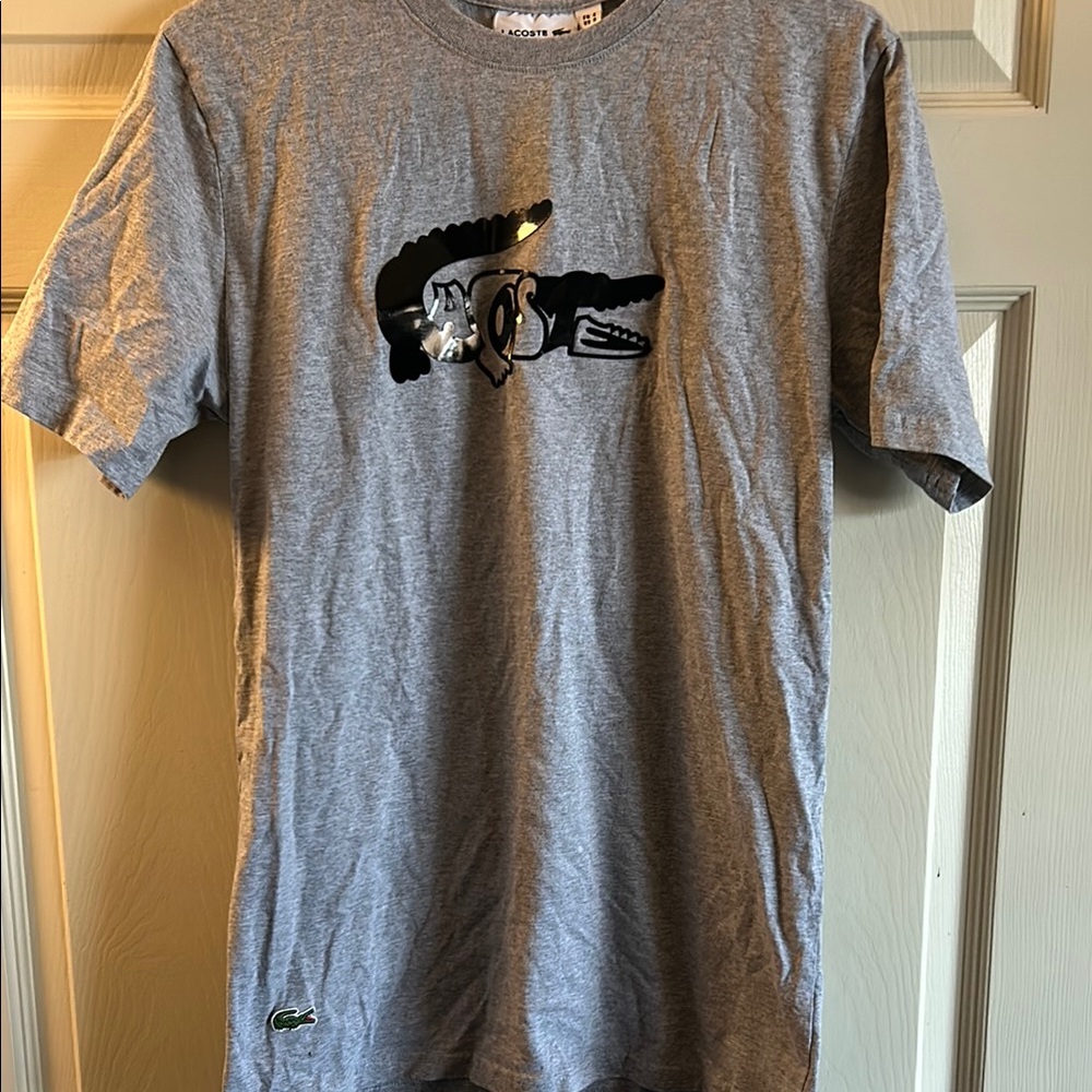 Lacoste Gray Short Sleeve Tee with Bold Hand Graphic